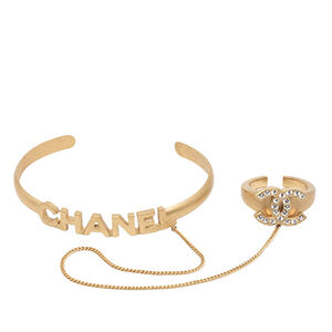 Pre-Loved Chanel CC Gold Plated Rhinestone Logo Cuff Bracelet and Ring Set